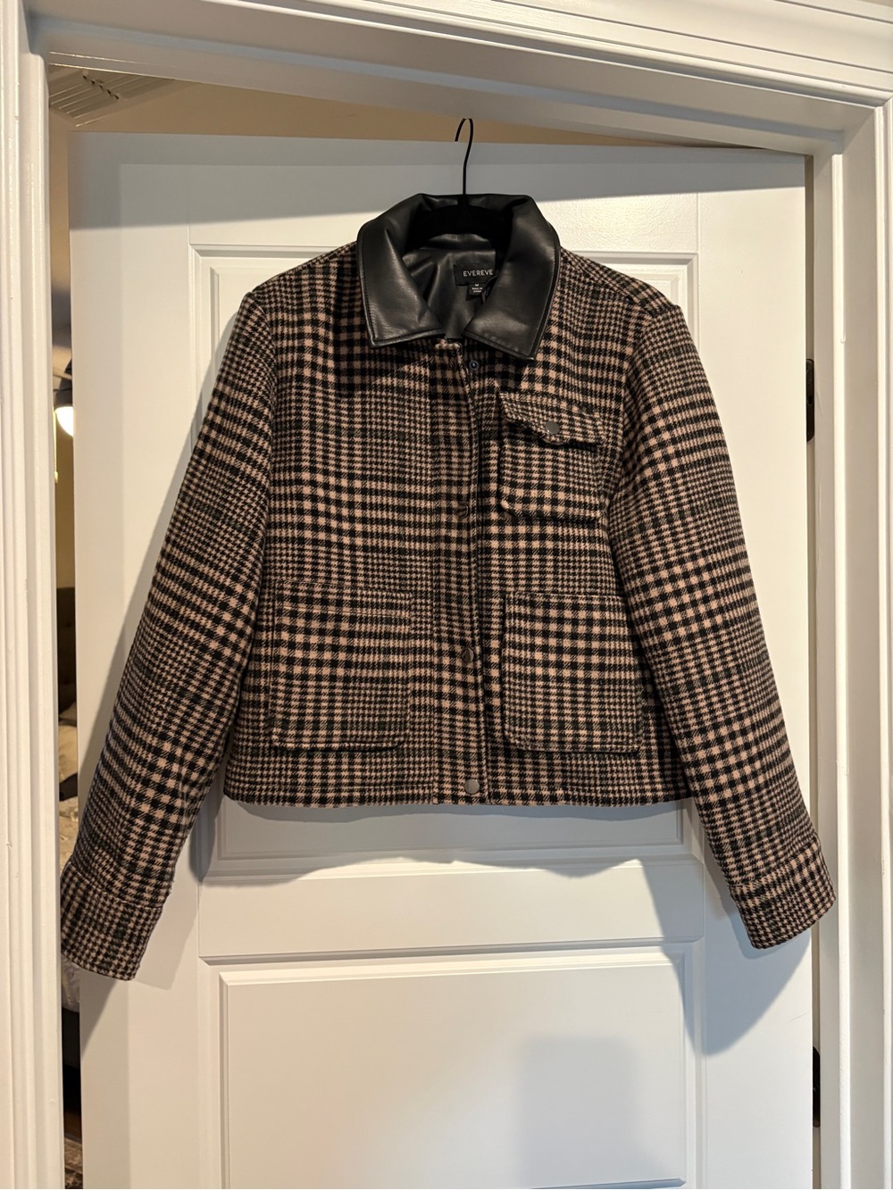 Evereve Black & Brown Plaid Jacket with Faux Leather Collar